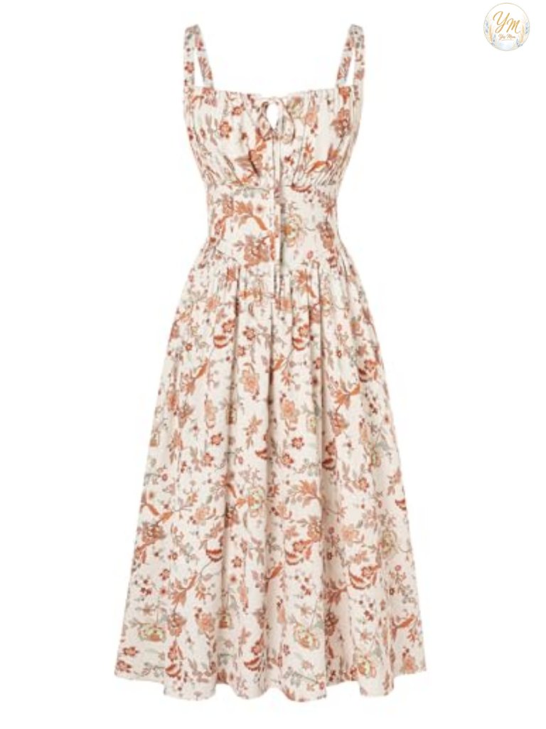 Floral Corset Midi Dress With Pockets, Square Neck, Smocked Back, Adjustable